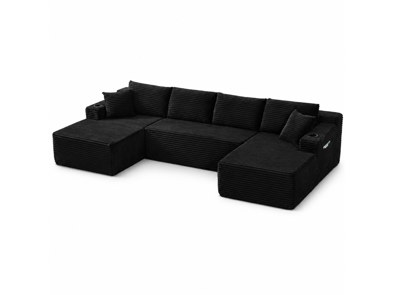  Canapé panoramique modulable en u 339 x 168 x 64 cm en velours côtelé noir, assise profonde, mousse à mémoire de forme, sans structure ni montage  - Conforama A