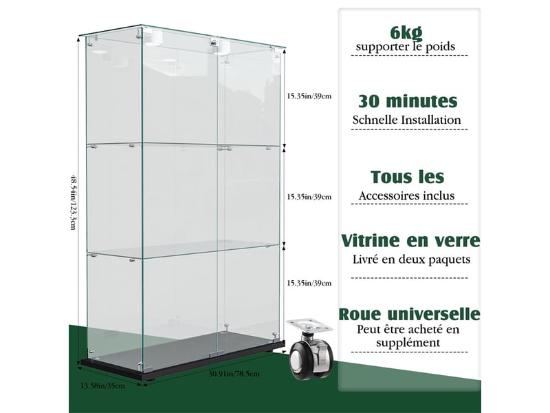  Vitrine en verre 123.3x79.8x35cm - vitrine 2 portes 3 niveaux avec éclairage tactile et base noire - meuble de présentation - noir  - Conforama E