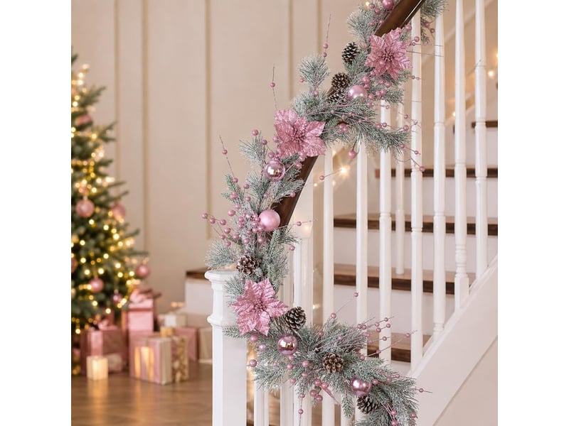  Couronne de noël rose vif 180cm, effet floqué enneigé – décoration de porte et intérieur  - Conforama D