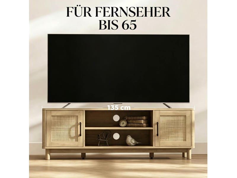Meuble tv avec 2 portes, 2 niches ouvertes et passe-câbles, pour salon, finition chêne, 135 × 39 × 45 cm - Conforama E