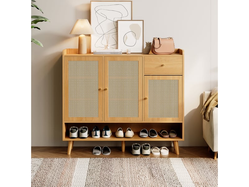  Meuble à chaussures 3 portes et 1 tiroir, naturel, 120 x 35 x 106 cm  - Conforama E