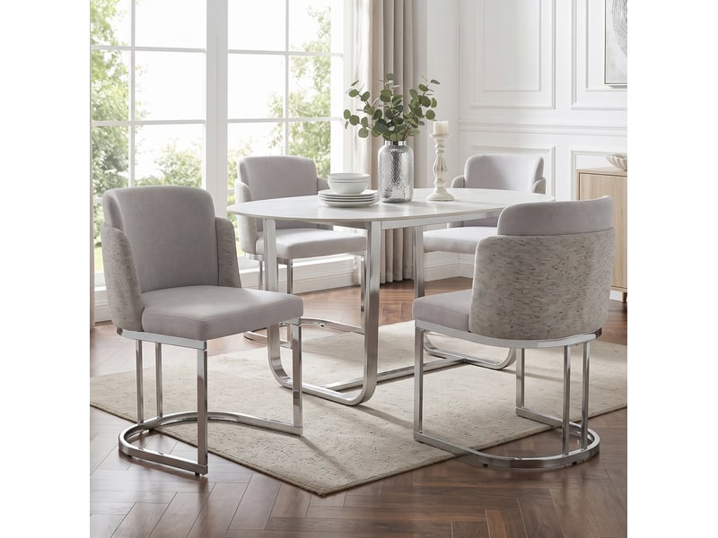 Lot de 2 chaises de salle à manger avec dossier double et pieds en métal électroplaqué, chenille gris clair et argenté  - Conforama E