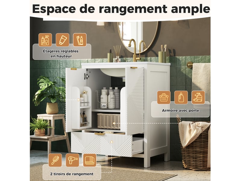  Meuble vasque sur pied 61 x 47 x 87 cm – blanc – vasque céramique, tiroir et 2 portes à fermeture douce  - Conforama E