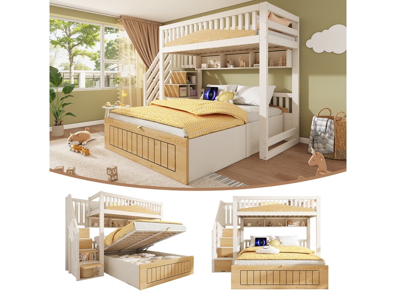  Lit superposé 90x200 et 140x200 cm avec espace de rangement hydraulique, lit enfant avec port usb-c et armoire-escalier, blanc  - Conforama A