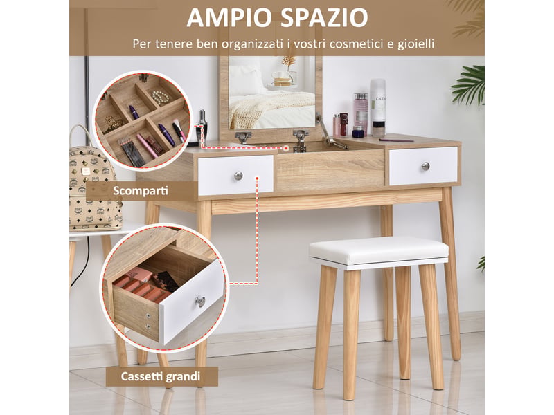  Coiffeuse moderne avec miroir coulissant, rangement pour bijoux, 2 tiroirs et tabouret, couleur bois  - Conforama E