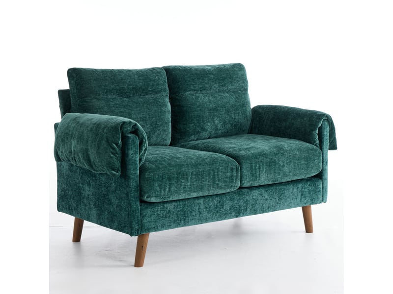  Canapé 2 places en chenille vert émeraude, style mid-century, coussins moelleux, petit canapé compact  - Conforama D