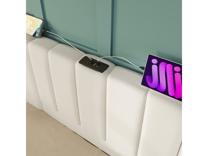  Lit coffre 180×200cm, lit double, ports usb et type-c, led, espace de rangement, pu, bois, métal, blanc, sans matelas  - Conforama D