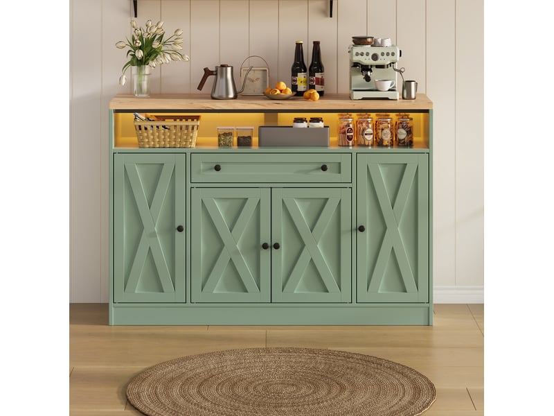  Buffet 4 portes avec rangement et éclairage led 140 cm vert evryae  - Conforama C