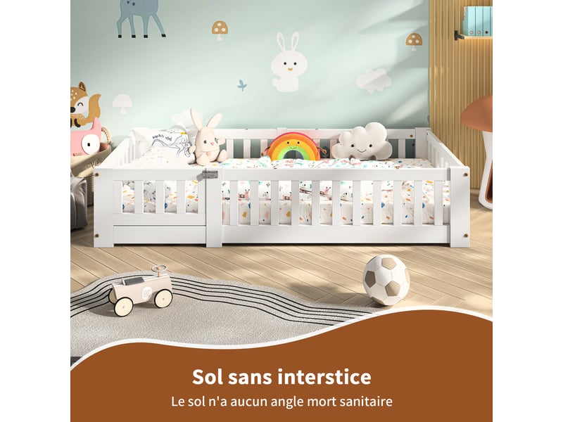  Lit au sol enfant 90x190, lit montessori au sol en bois massif avec barrière de sécurité et sommier à lattes  - Conforama E