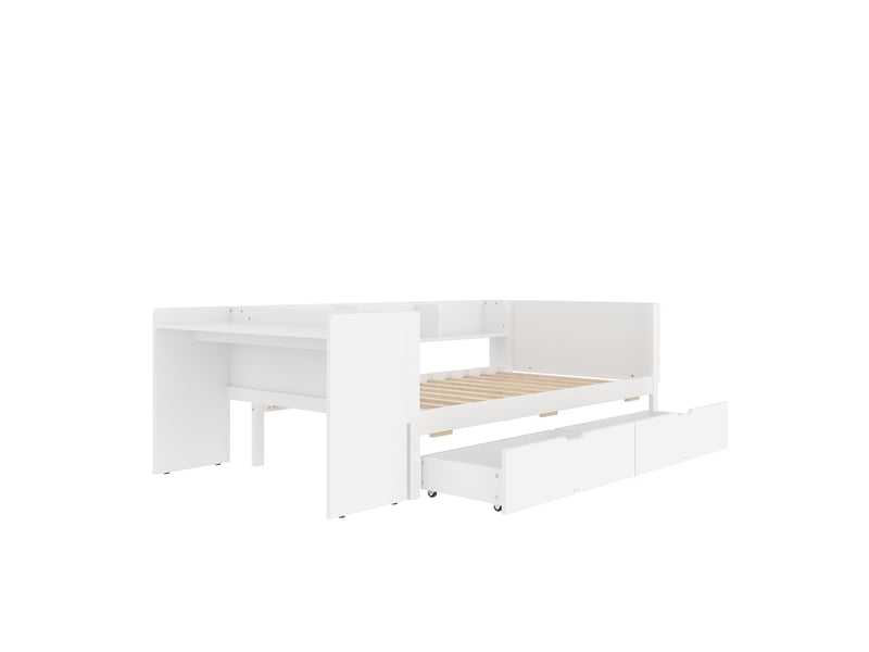  Lit enfant blanc 90x200 cm en bois, bureau, 2 tiroirs et étagères intégrés  - Conforama E