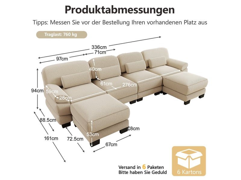  Canapé modulable en u 4 places 336 x 161 x 94 cm, 2 poufs, assise profonde, soutien ergonomique, velours côtelé beige  - Conforama C