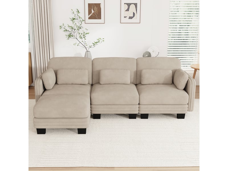 Canapé d'angle modulable - 3 places - forme l - 1 ottoman - coussins d'accoudoirs - assise profonde - tissu chenille - brun clair CozyNest - Conforama C