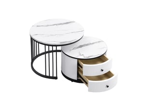 Lot de 2 tables basses gigognes rondes 60 et 50 cm, 2 tiroirs, effet marbre brillant, blanc et noir