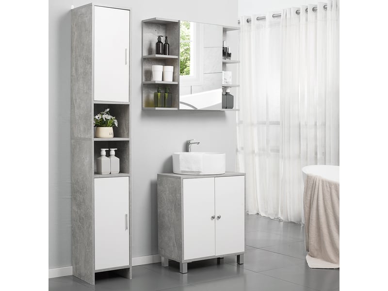  Meuble de salle de bains avec 2 placards et 2 compartiments ouverts, aspect bois (effet ciment), 30 x 30 x 180 cm  - Conforama C