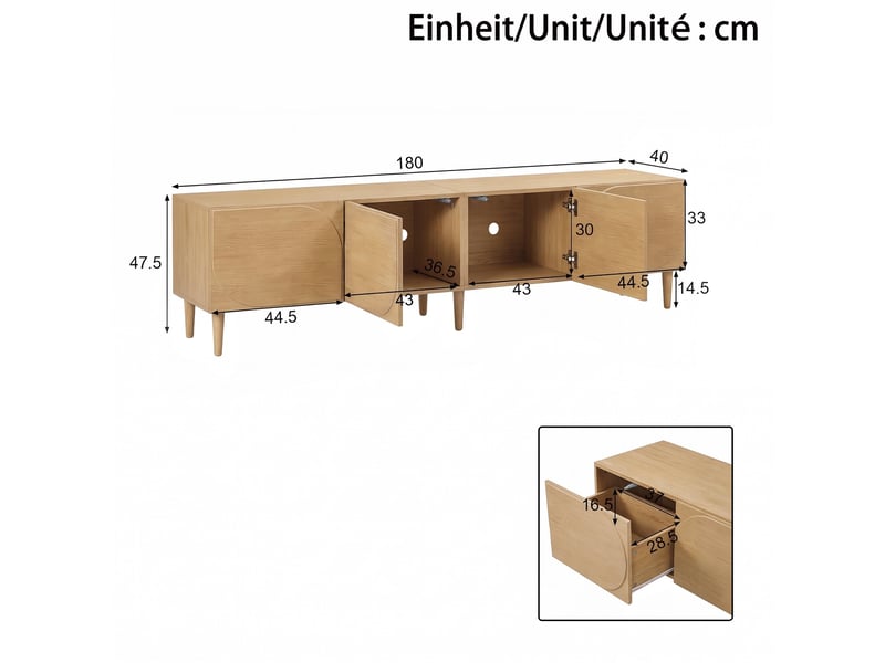  Meuble tv, 180 x 40 x 47,5 cm, 2 portes, 2 tiroirs, façade à motif en relief incurvé, sans poignées, pieds en bois, naturel GL9756N - Conforama C