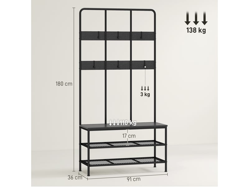  Porte-manteau 3 en 1 pour entrée avec 6 crochets et étagère à chaussures, 91 x 36 x 180 cm, noir  - Conforama E