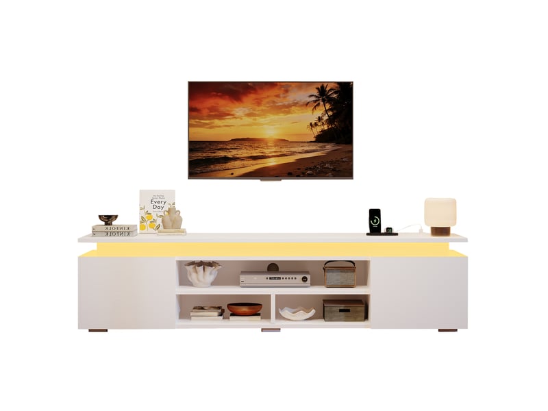  Meuble tv 180x35x42 cm blanc en mdf avec led rgb et rangement  - Conforama A