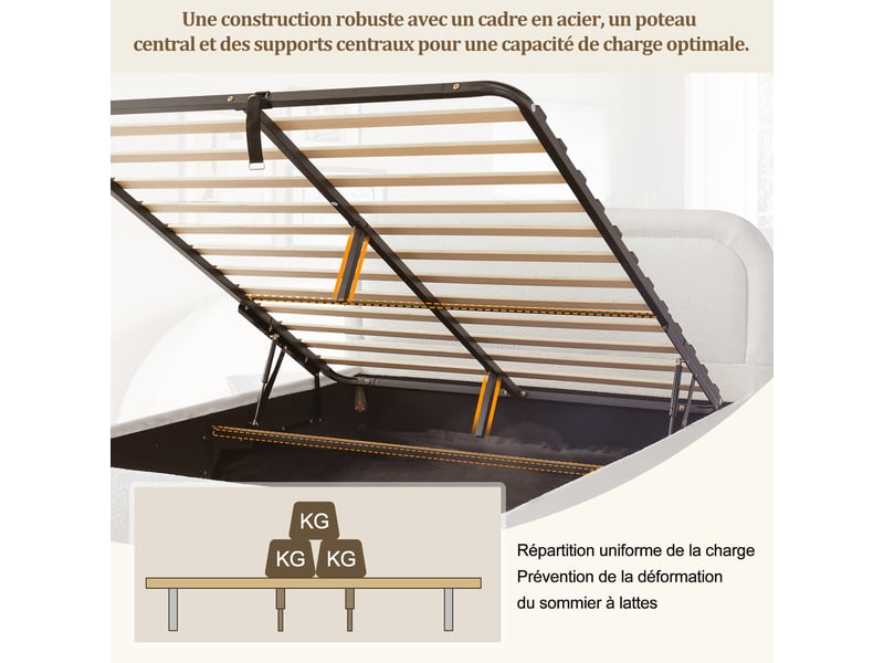  Lit coffre 160x200 cm blanc, tissu bouclé, sommier relevable hydraulique, tête de lit rembourrée, pieds en bois massif, sommier à lattes inclus  - Conforama E