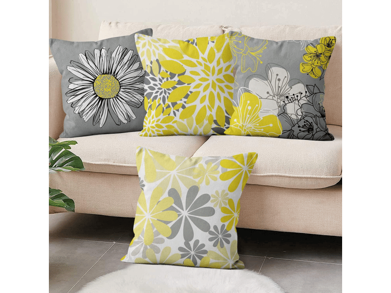  Housse de coussin jaune 45 x 45 cm set de 4, jaune et gris fleurs décoratives taies d'oreiller moderne marguerite ferme boho housse de coussin en lin Home cushion cover - Conforama C