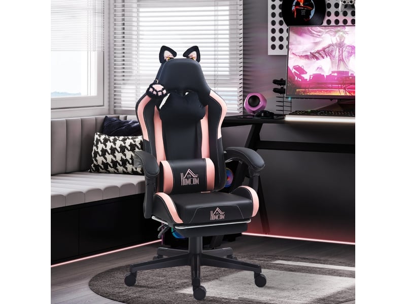  Chaise de bureau avec dossier inclinable et repose-pieds, coussins amovibles et roulettes en simili cuir noir  - Conforama B