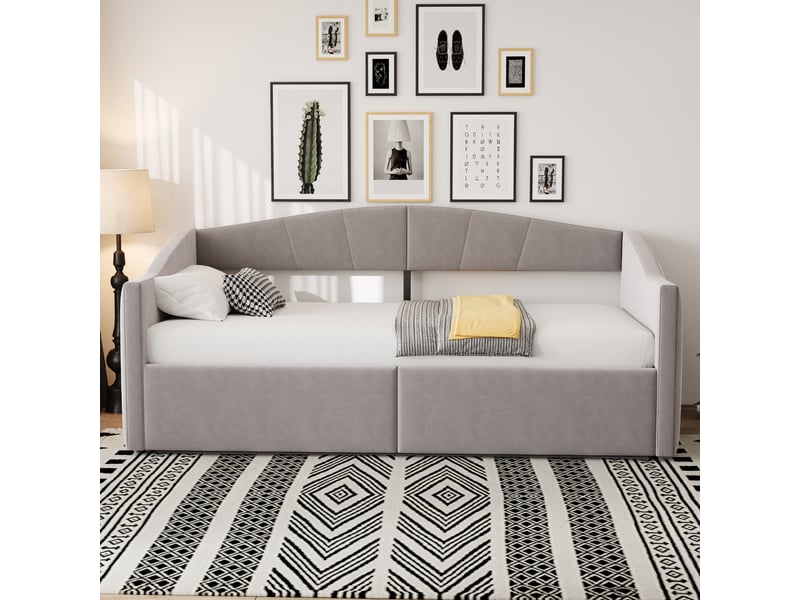  Lit banquette 90x200 cm - lit convertible avec rangement hydraulique, tissu velours gris clair, sommier inclus - sans matelas  - Conforama E