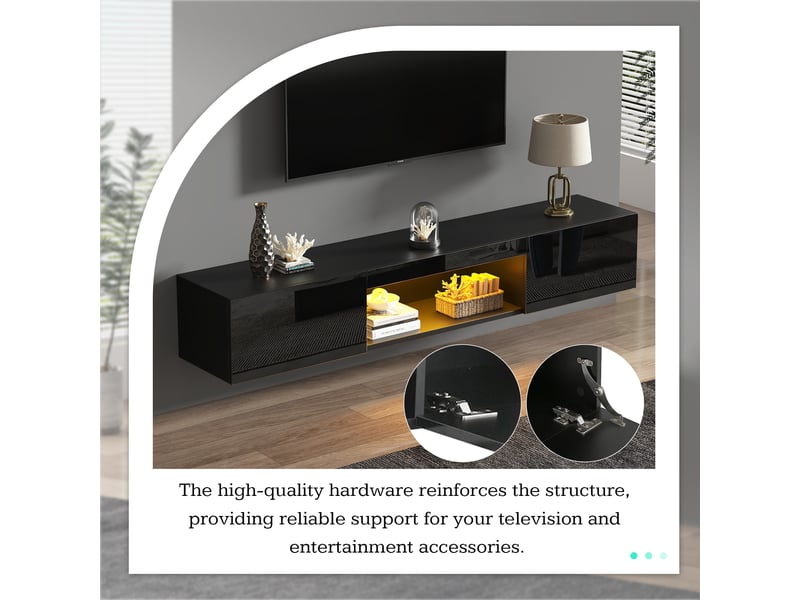  Meuble tv mural noir brillant 160 cm avec éclairage led, rangement à 2 portes, pour téléviseur jusqu'à 70 pouces  - Conforama W