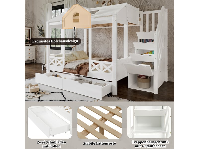 Lit superposé enfant 90×200 et 140×200 cm, 2 tiroirs et escalier rangement - sans matelas, bois - blanc - Conforama E