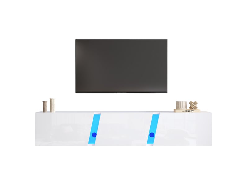  Meuble tv mural suspendu blanc led – 180 x 35 x 30 cm – 3 portes – jusqu’à 75 pouces  - Conforama A