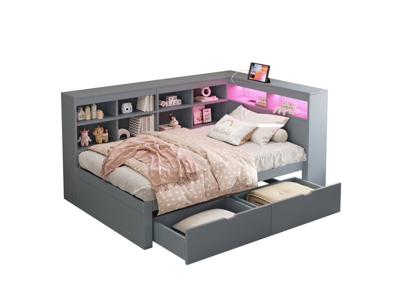  Lit simple 90x200 cm avec rangements, prise usb et led en bois gris  - Conforama A