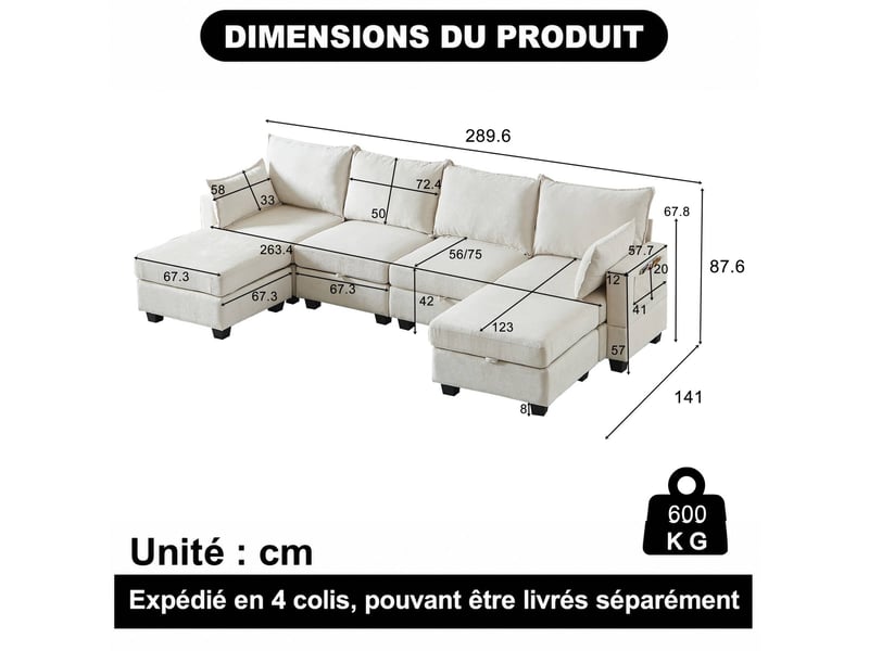  Canapé d’angle, modulable en chenille, forme u, ottomane de rangement, 6 places avec méridienne, 87,6x289,6x141 cm, beige  - Conforama C