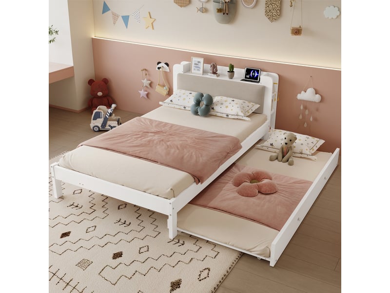  Lit gigogne 120x200cm - avec lit gigogne 90x190 en bois avec tiroir , tête de lit rembourrée, rangement, prises - blanc  - Conforama C