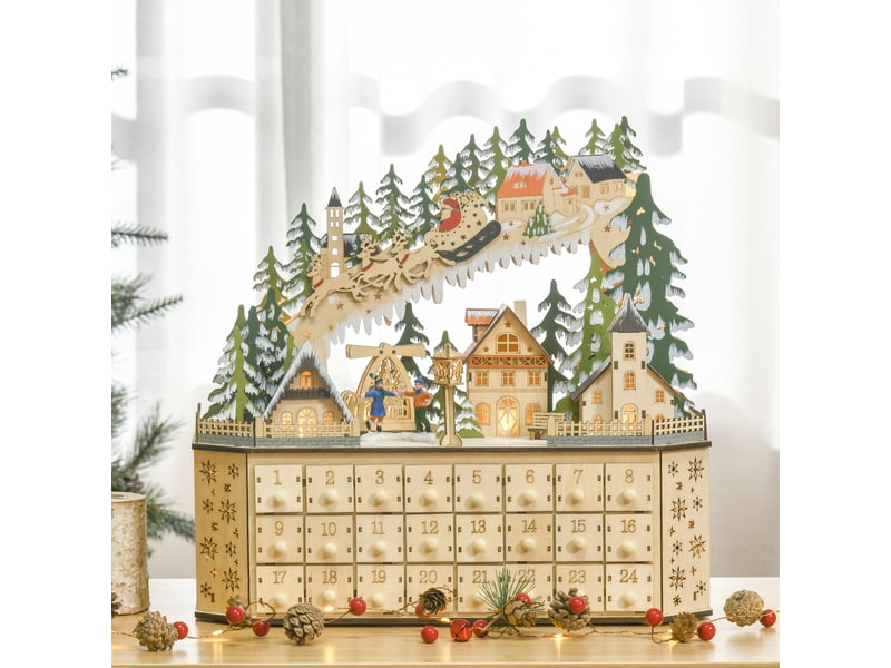  Calendrier de l'avent décoratif de noël, 24 tiroirs, lumières led, 39 cm x 9 cm x 42 cm, blanc et vert  - Conforama C