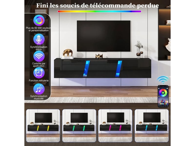  Meuble tv suspendu 180 cm noir brillant avec éclairage led app, 3 portes abattantes, supporte écran 75 pouces, 180x35x30 cm  - Conforama W
