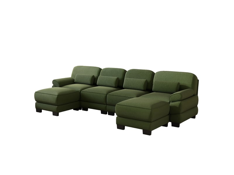  Canapé modulable u 4 places en velours côtelé vert avec 2 ottomans, assise profonde  - Conforama D
