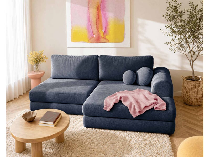 April - canapé d'angle droit 4 places convertible avec coffre en velours texturé - best mobilier - bleu marine APRIL - Conforama B