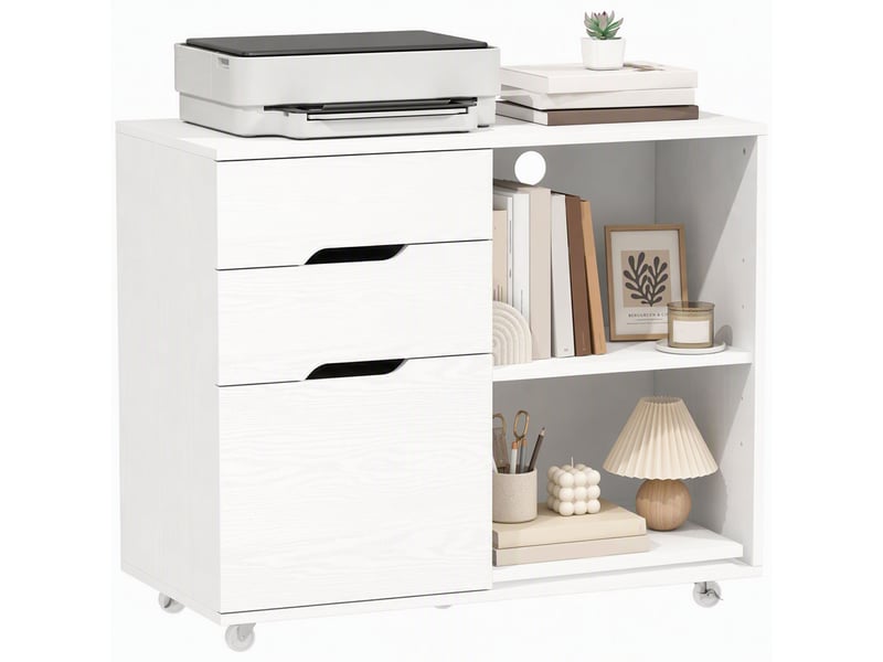  Meuble pour imprimante à roulettes, 3 tiroirs, barre réglable, 2 étagères ouvertes et poignées pour documents a4, blanc  - Conforama A