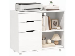 Meuble pour imprimante à roulettes, 3 tiroirs, barre réglable, 2 étagères ouvertes et poignées pour documents a4, blanc