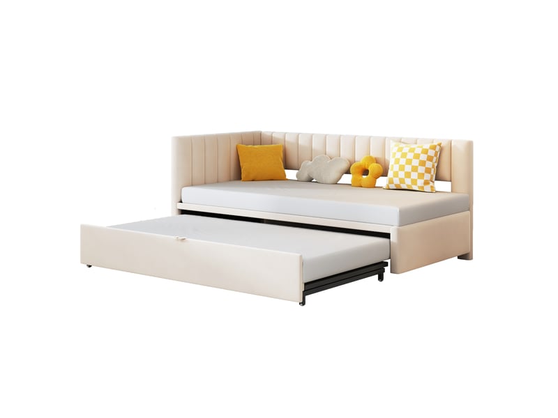 Canapé-lit en l gigogne 90 x 200 cm, extensible en 180 x 200 cm, velours beige  - Conforama A