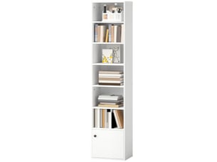 Bibliothèque à 7 niveaux, style moderne, avec étagères ouvertes et porte, 40 x 30 x 180 cm, blanche