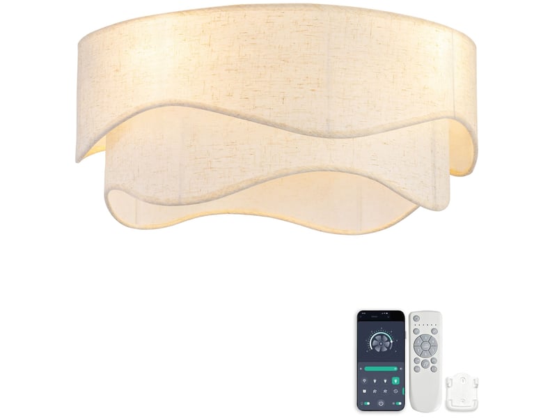  Ventilateur de plafond 50 cm éclairage led abs doré et blanc réversible 6 vitesses télécommande minuterie et mémoire abat-jour lin  - Conforama A