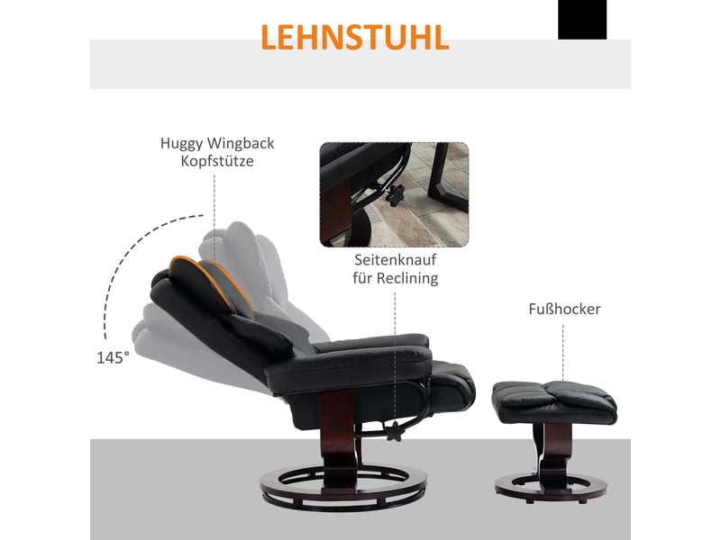  Fauteuil relax avec repose-pieds en simili cuir noir, pivotant à 360 degrés, dossier inclinable à 145 degrés pour le salon  - Conforama D