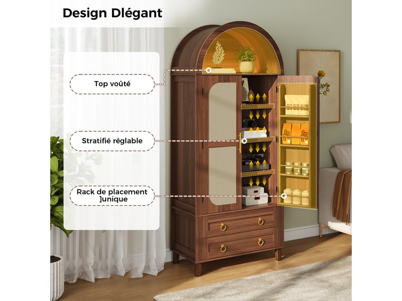 Buffet haut arqué noyer avec led intégrée, 2 portes décor rotin, 2 tiroirs, 76 x 40 x 179,5 cm  - Conforama D
