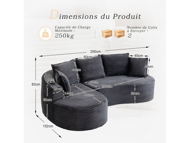  Canapé incurvé en tissu côtelé avec porte-gobelets 250x152x82 cm - poche latérale et coussin inclus  - Conforama C