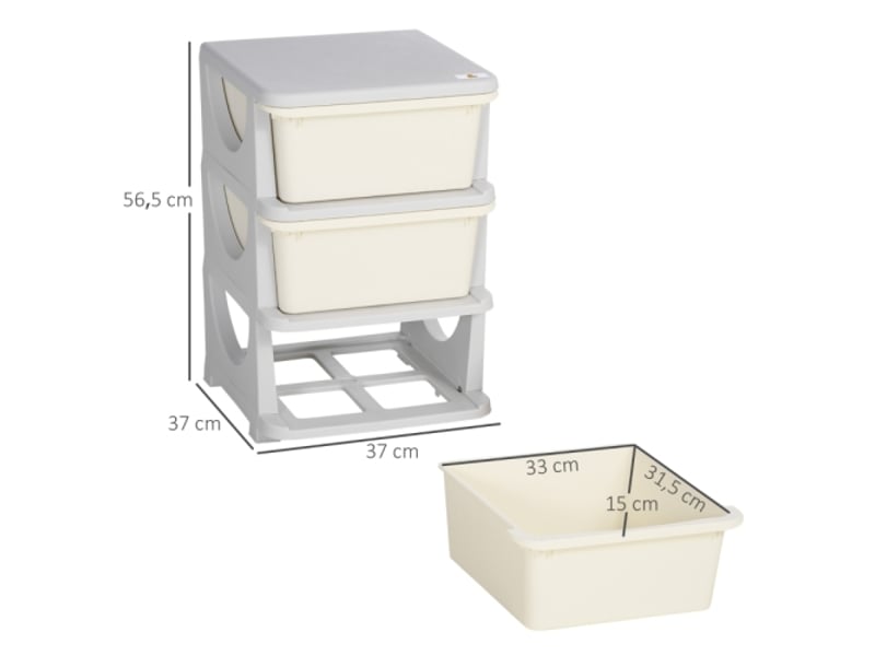  Boîte rangement enfant crème, 3 grands tiroirs en plastique, bords arrondis, 37x37x56,5 cm  - Conforama C