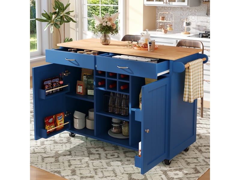 Desserte de cuisine 102x45x92 cm à roulettes, mdf et métal bleu - Conforama D