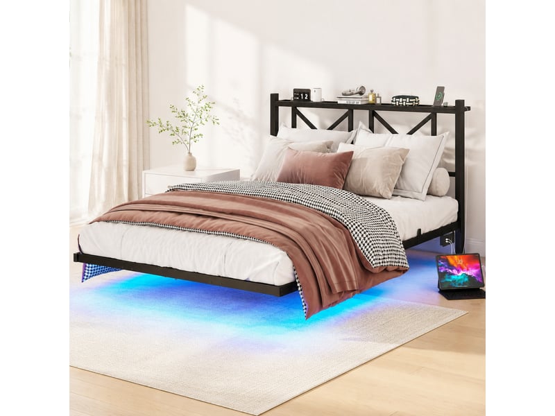  Lit double 140 x 200 cm noir en métal avec led, station de charge et tête de lit, sans matelas  - Conforama D