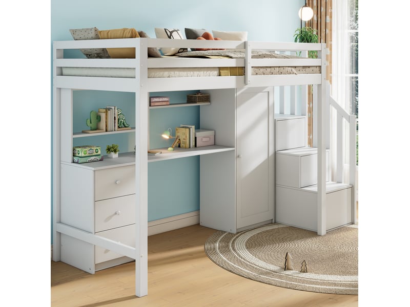 Lit mezzanine enfant 90x200 cm, bureau, armoire, escalier avec rangements, sommier à lattes, bois et mdf blanc sans matelas - Conforama D