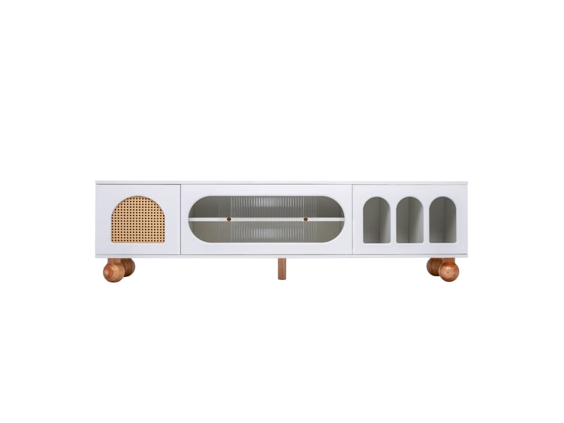  Meuble tv, 170x47x37 cm, bois massif, rotin, verre, portes coulissantes, poignées dorées, portes en arche, design moderne et élégant pour salon  - Conforama A
