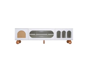 Meuble tv, 170x47x37 cm, bois massif, rotin, verre, portes coulissantes, poignées dorées, portes en arche, design moderne et élégant pour salon