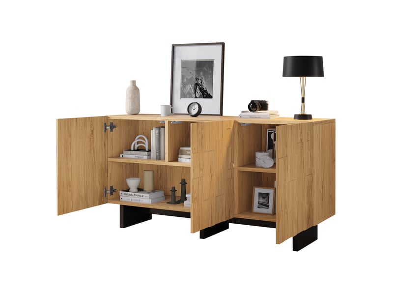  Buffet et enfilade avec 3 portes, 5 niches et ouverture sans poignées pour salon, en mdf naturel, 140 × 40 × 70 cm  - Conforama A